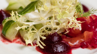 Close up salad beetroot and smoked salmon